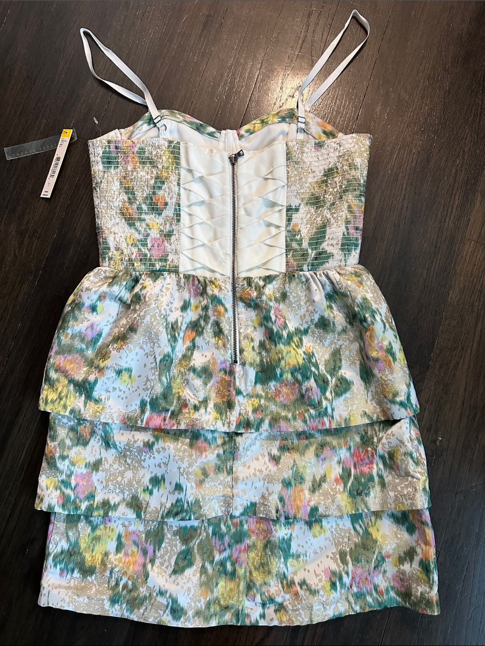 Alice + Olivia Floral Tiered Mini Dress in Green, Pink & Gold - Picture 3 of 5